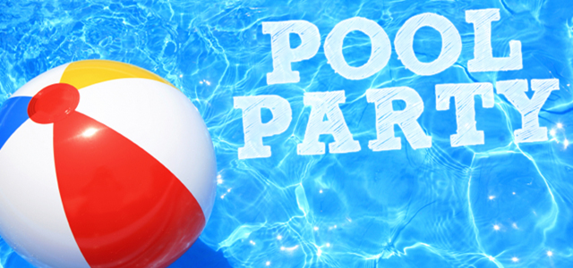 A pool party with a beach ball in the water.