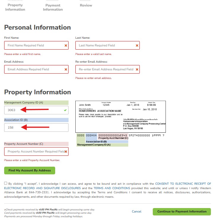 To pay your annual assessment online you will need the Management Company ID (3063) & The Association ID (158)